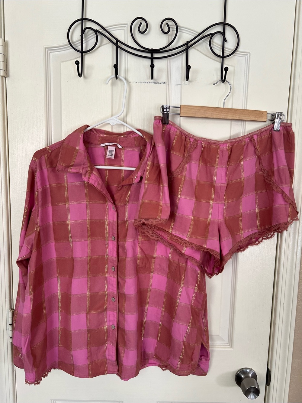 Victoria’s Secret Pink Gold Plaid Pajama Set XL Lace Shorts